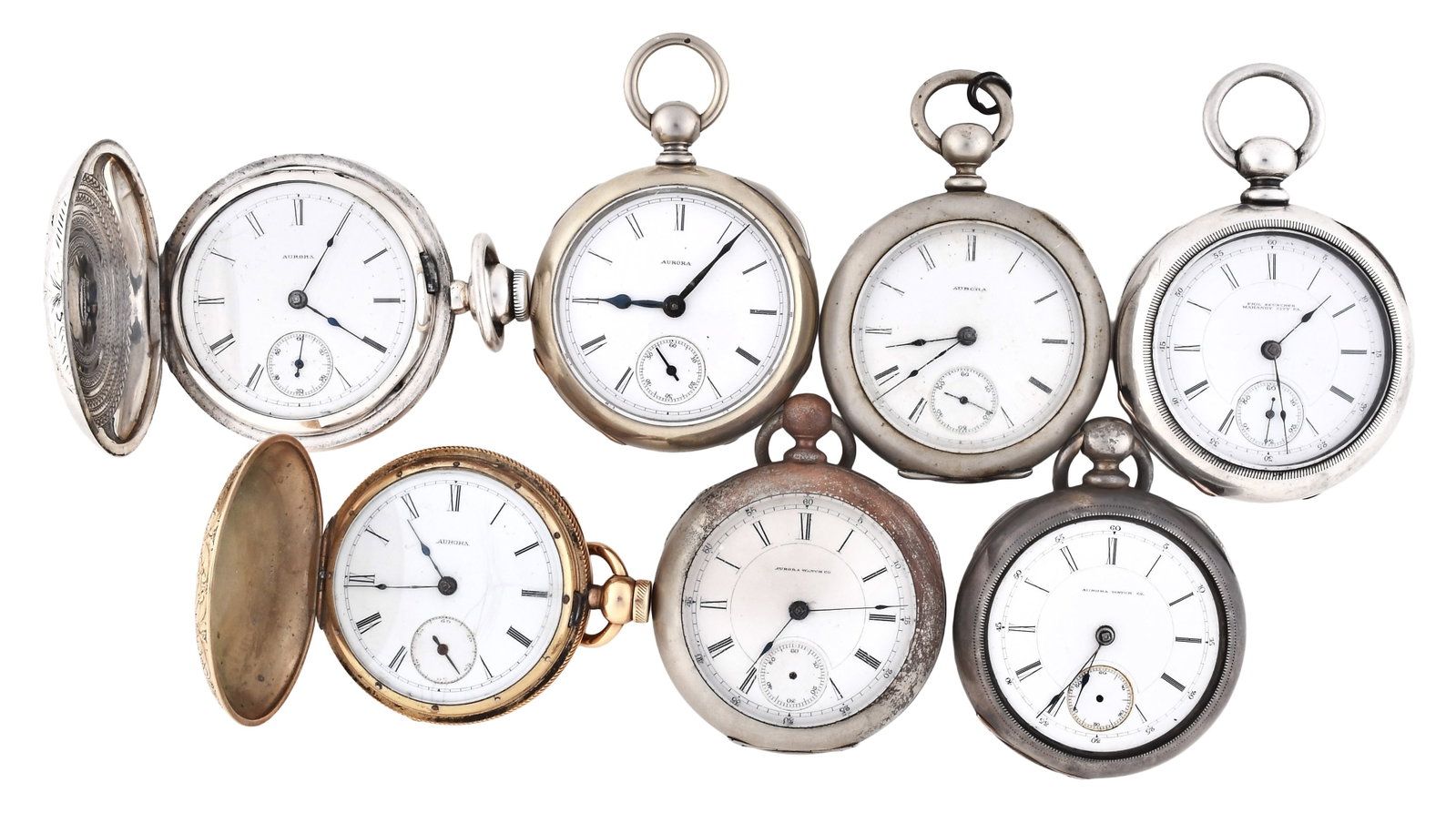 A lot of seven 18 size Aurora key wind pocket watches: 7 (Seven) 18 size Aurora key wind pocket watches, 7 - 15 jewel gilt plate movements with roman numeral white enamel dials in gold filled, silver, and nickel hunting and open face cases
