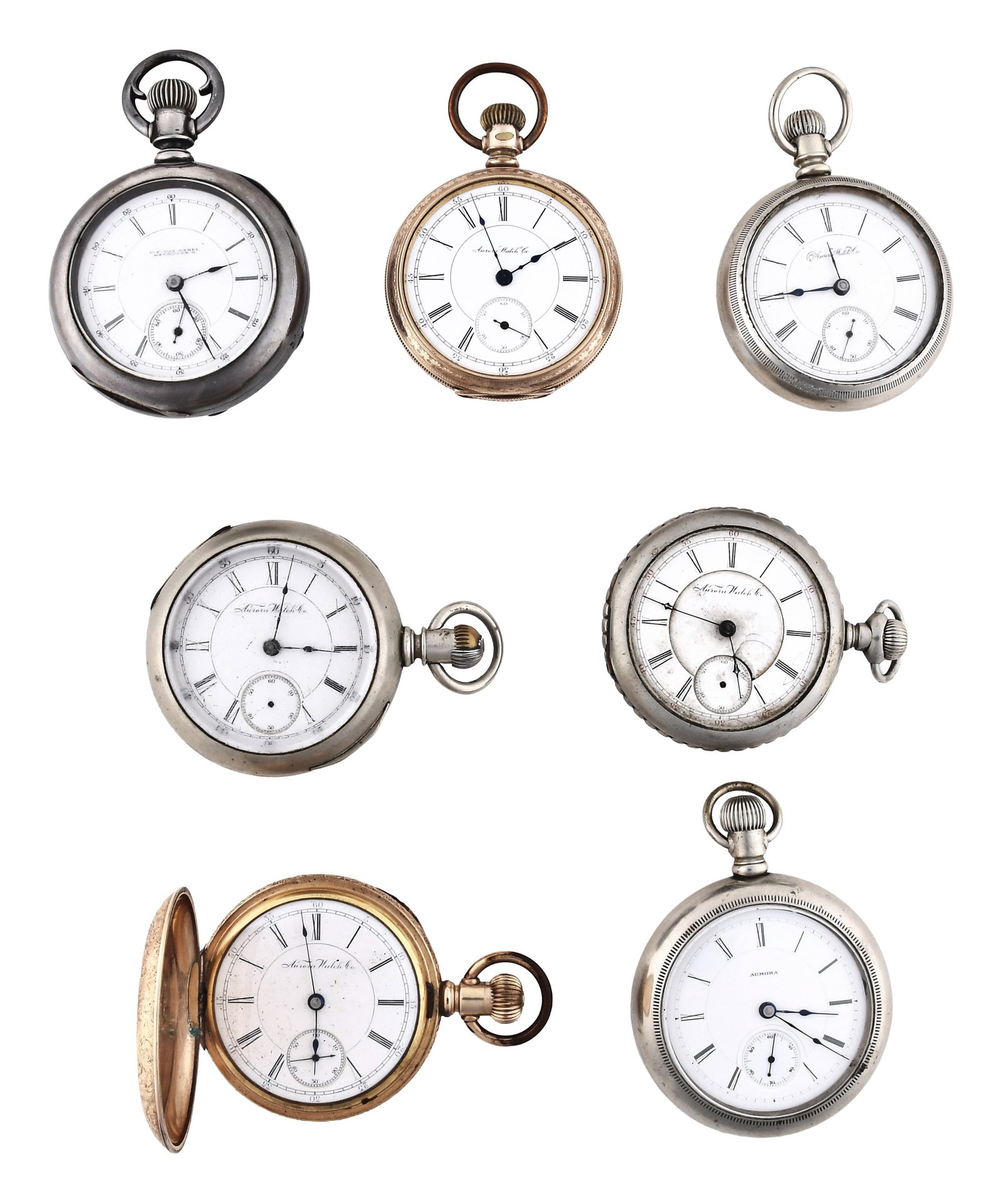 A lot of seven 18 size Aurora pocket watches including a grade 113: 7 (Seven) 18 size Aurora pocket watches including a grade 113, 11-15 jewel gilt and nickel plate movements, roman numeral white enamel dials, in gold filled, nickel, and silver open face and hunting c