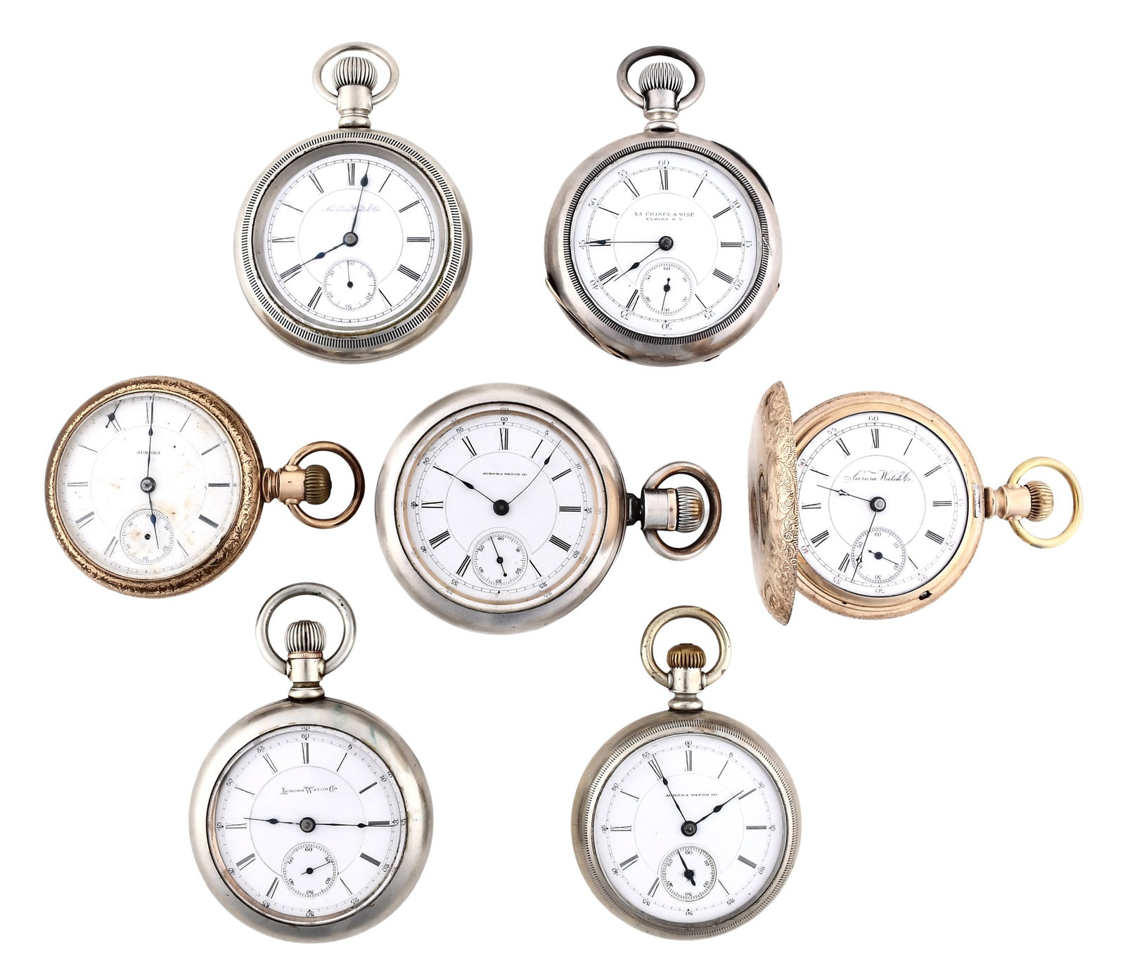 A lot of seven 18 size Aurora pocket watches including a grade 113: 7 (Seven) 18 size Aurora pocket watches including a grade 113, 15 jewel gilt and nickel plate movements, roman numeral white enamel dials, in gold filled, silver and nickel open face and hunting cases