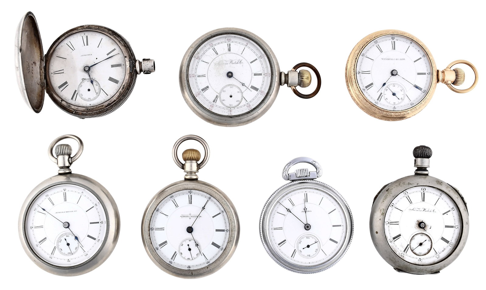 A lot of seven 18 size Aurora pocket watches including a grade 113: 7 (Seven) 18 size Aurora pocket watches including a grade 113, 7-15 jewel gilt and nickel plate movements, roman numeral white enamel dials in gold filled, nickel and silver open face and hunting case
