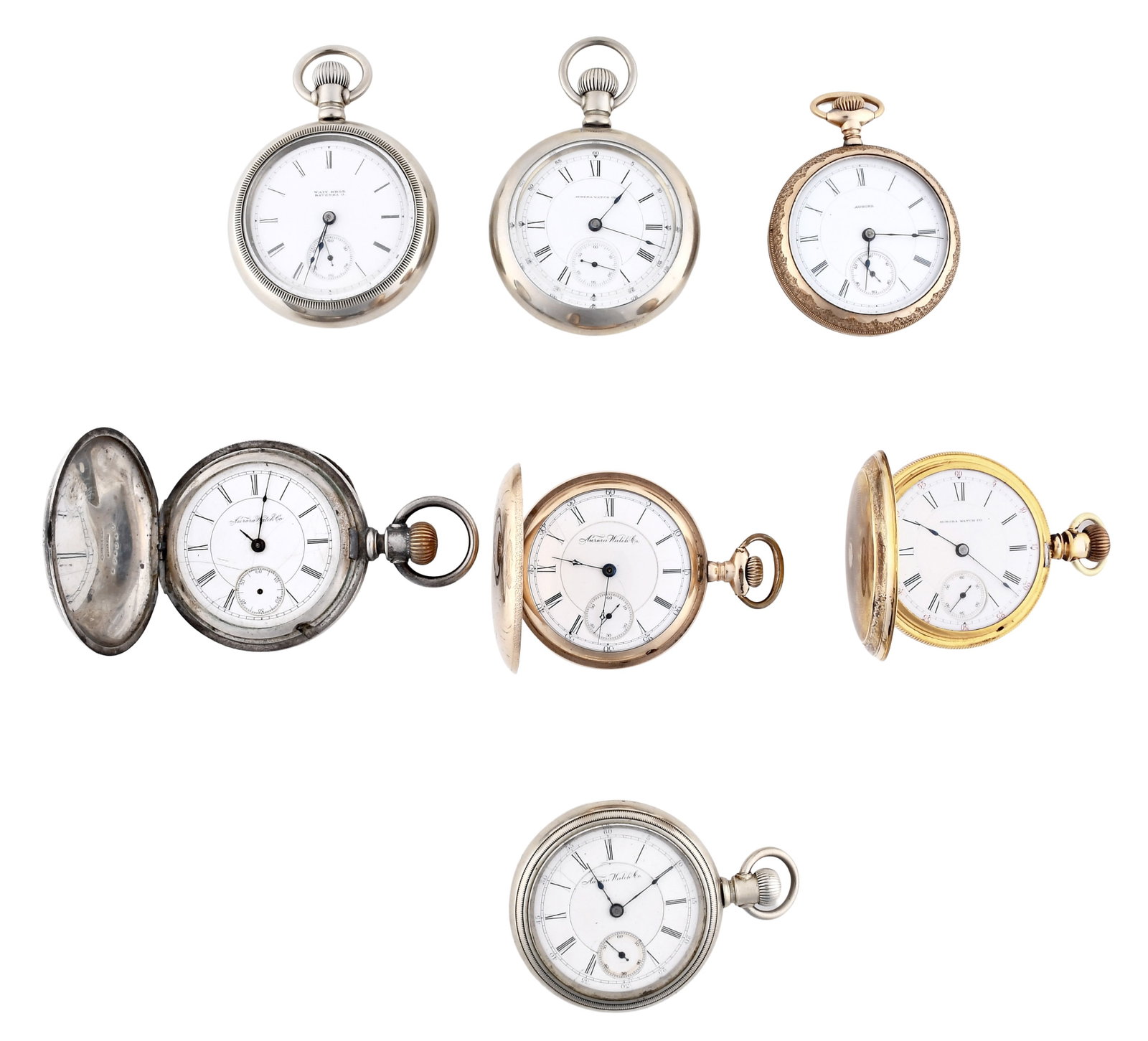 A lot of seven 18 size Aurora pocket watches: 7 (Seven) 18 size Aurora pocket watches, 11-15 jewel gilt and nickel plate movements, roman numeral white enamel dials, in gold filled, silver, and nickel open face and hunting cases