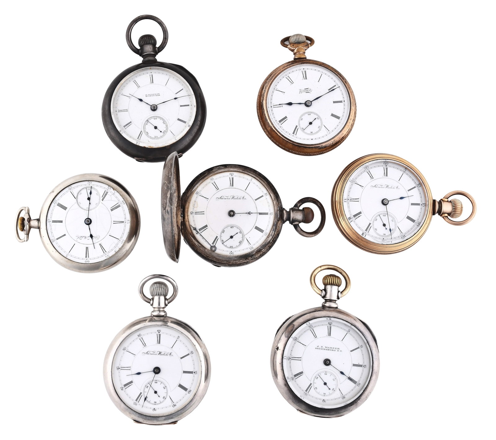 A lot of seven 18 size Aurora pocket watches: 7 (Seven) 18 size Aurora pocket watches, 7 - 15 jewel gilt and nickel plate movements with roman numeral white enamel dials in gold filled, silver, and nickel hunting and open face cases