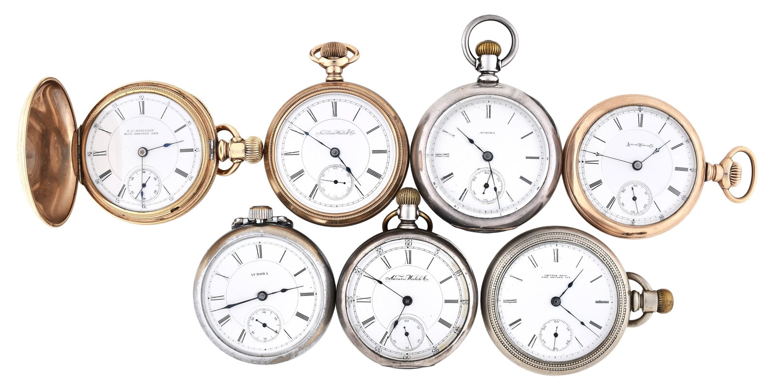 A lot of seven 18 size Aurora pocket watches: 7 (Seven) 18 size Aurora pocket watches, 7 - 15 jewel gilt and nickel plate movements with roman numeral white enamel dials in nickel, silver and gold filled hunting and open face cases