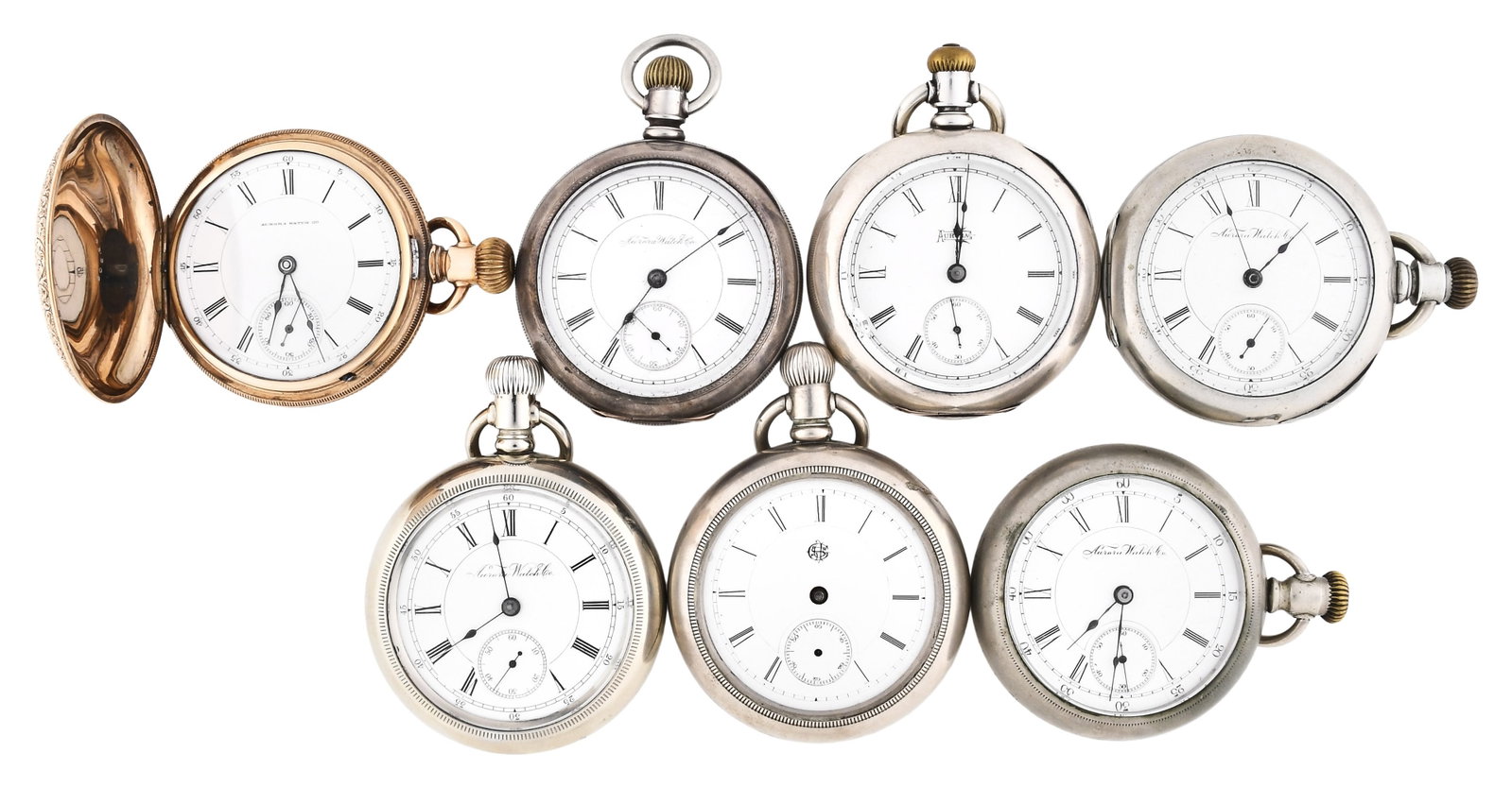 A lot of seven 18 size Aurora pocket watches (1 of 3)
