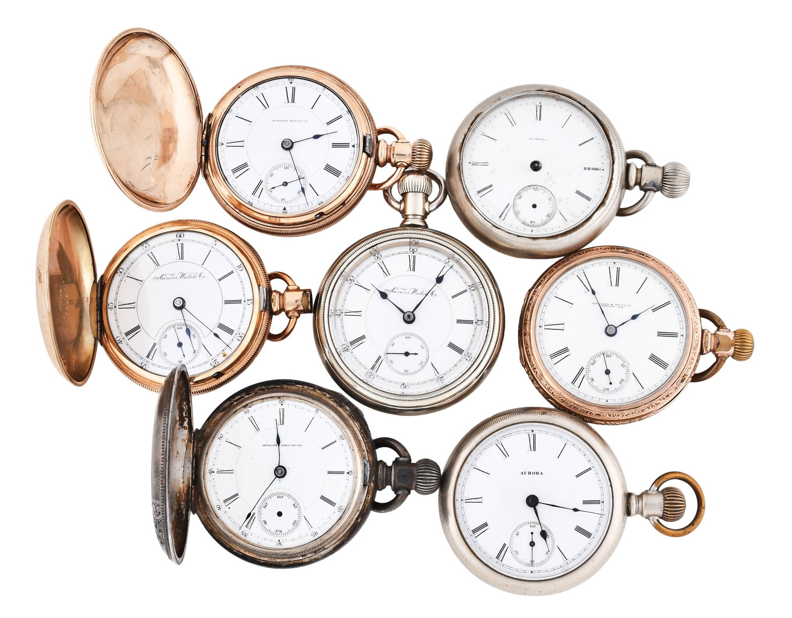 A lot of seven 18 size Aurora pocket watches: 7 (Seven) 18 size Aurora pocket watches, 7 - 15 jewel gilt and nickel plate movements, with roman numeral white enamel dials, in nickel, silver and gold filled hunting and open face cases