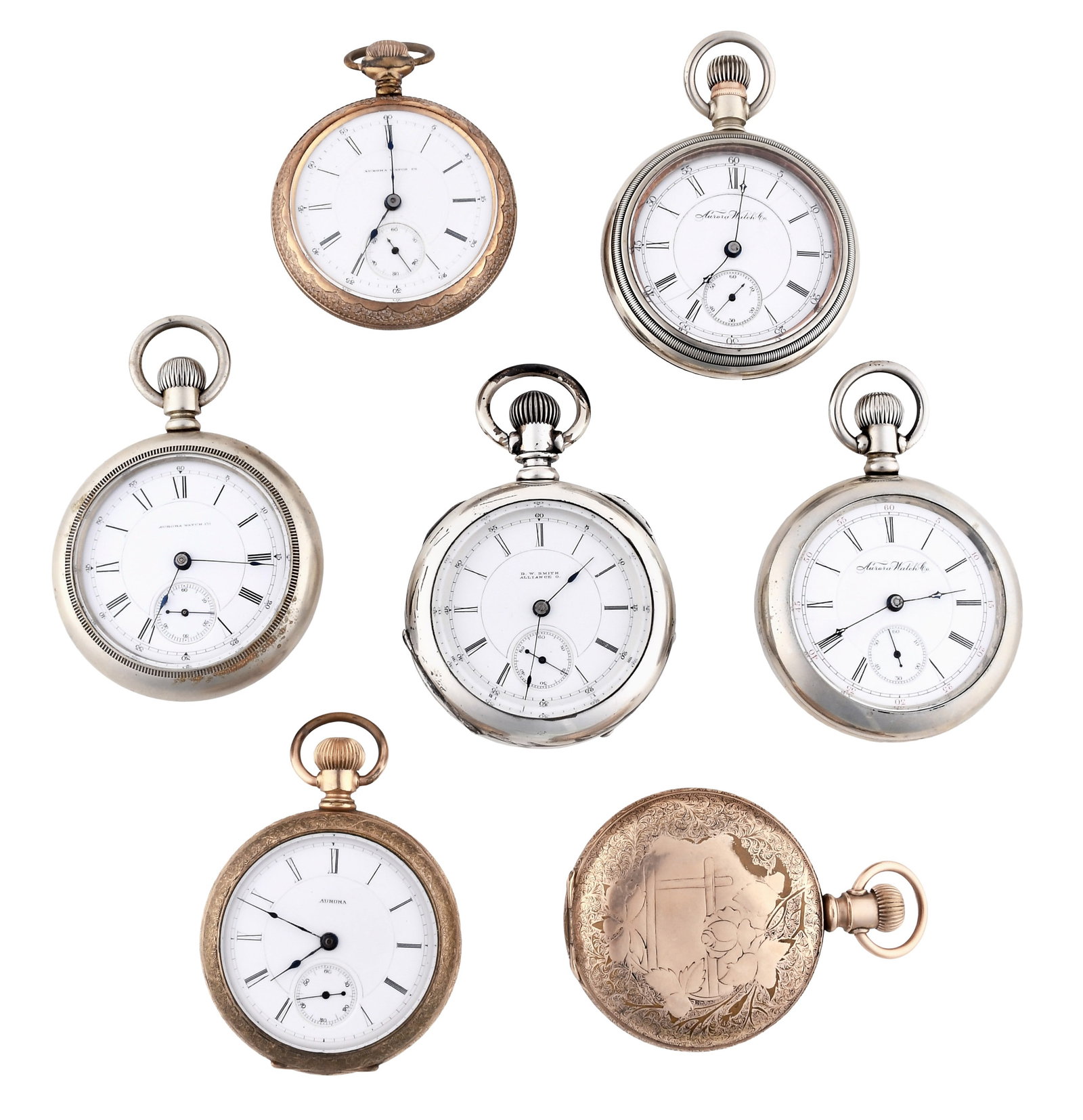 A lot of seven Aurora pocket watches: 7 (Seven) 18 size Aurora pocket watches, 7-15 jewel gilt and nickel movements with roman numeral white enamel dials, in gold filled, silver, and nickel open face and hunting cases