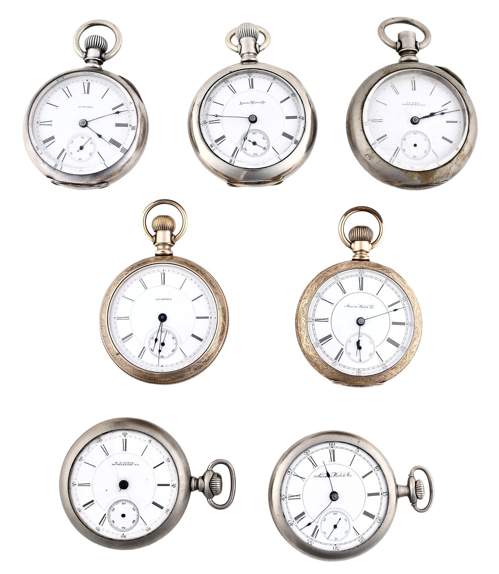 A lot of seven 18 size Aurora pocket watches: 7 (Seven) 18 size Aurora pocket watches, 7-15 jewel gilt and nickel plate movements, roman numeral white enamel dials, in gold filled, nickel and silver open face and hunting cases