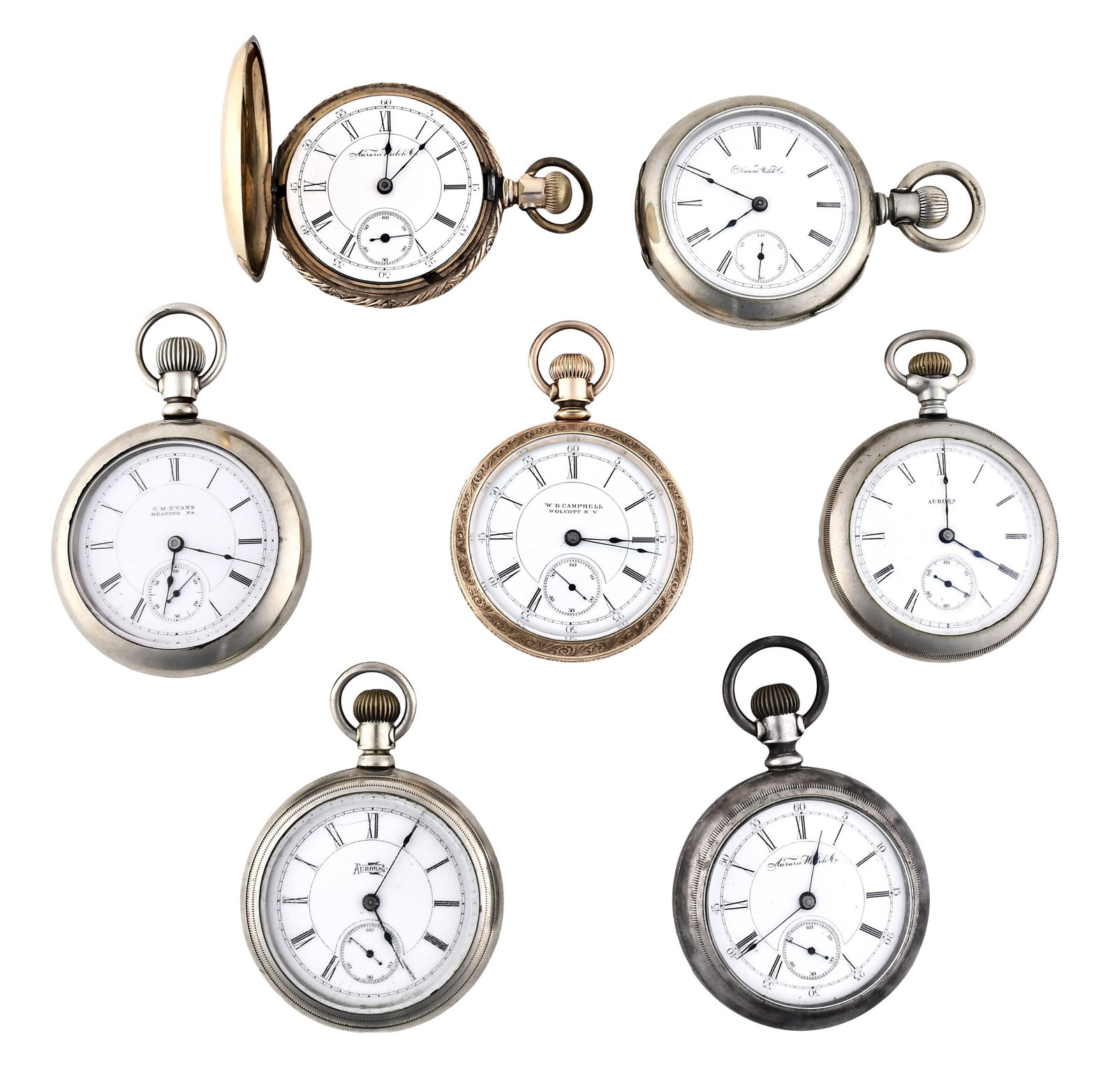 A lot of seven 18 size Aurora pocket watches: 7 (Seven) 18 size Aurora pocket watches, 7-15 jewel gilt and nickel plate movements, roman numeral white enamel dials, in gold filled, nickel and silver open face and hunting cases