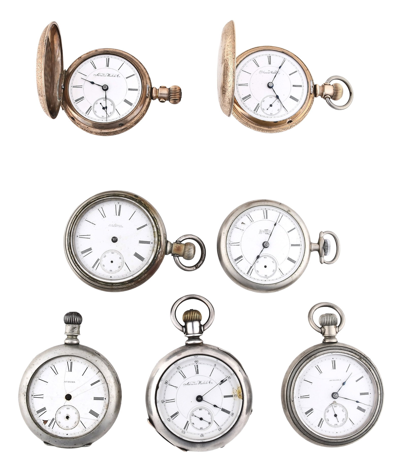 A lot of seven 18 size Aurora pocket watches: 7 (Seven) 18 size Aurora pocket watches, 7-15 jewel gilt and nickel plate movements, roman numeral white enamel dials, in gold filled, silver, and nickel open face and hunting cases