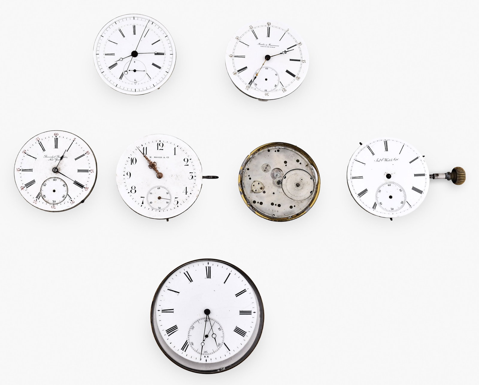 An interesting lot of seven 19th and early 20th century Swiss pocket watch movements: 7 (Seven) 19th and early 20th century Swiss pocket watch movements, including a mid 19th century, 21 ligne, 19 jewel, long duration example with bimetallic compensation curb and roman numeral white en