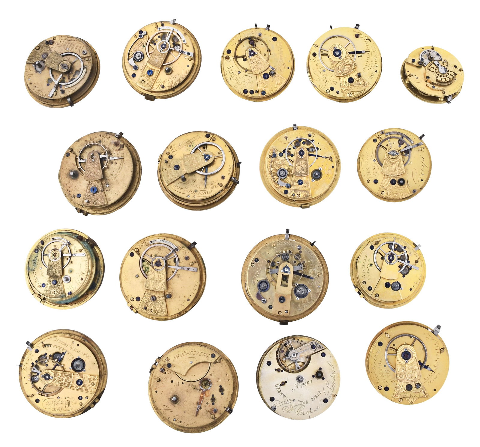 A lot of English and European fusee pocket watches, movements and parts: A lot of English and European fusee pocket watches, movements and parts, including a pair case watch with verge escapement signed "Witter London", a pair case watch with verge escapement signed "Wm. R