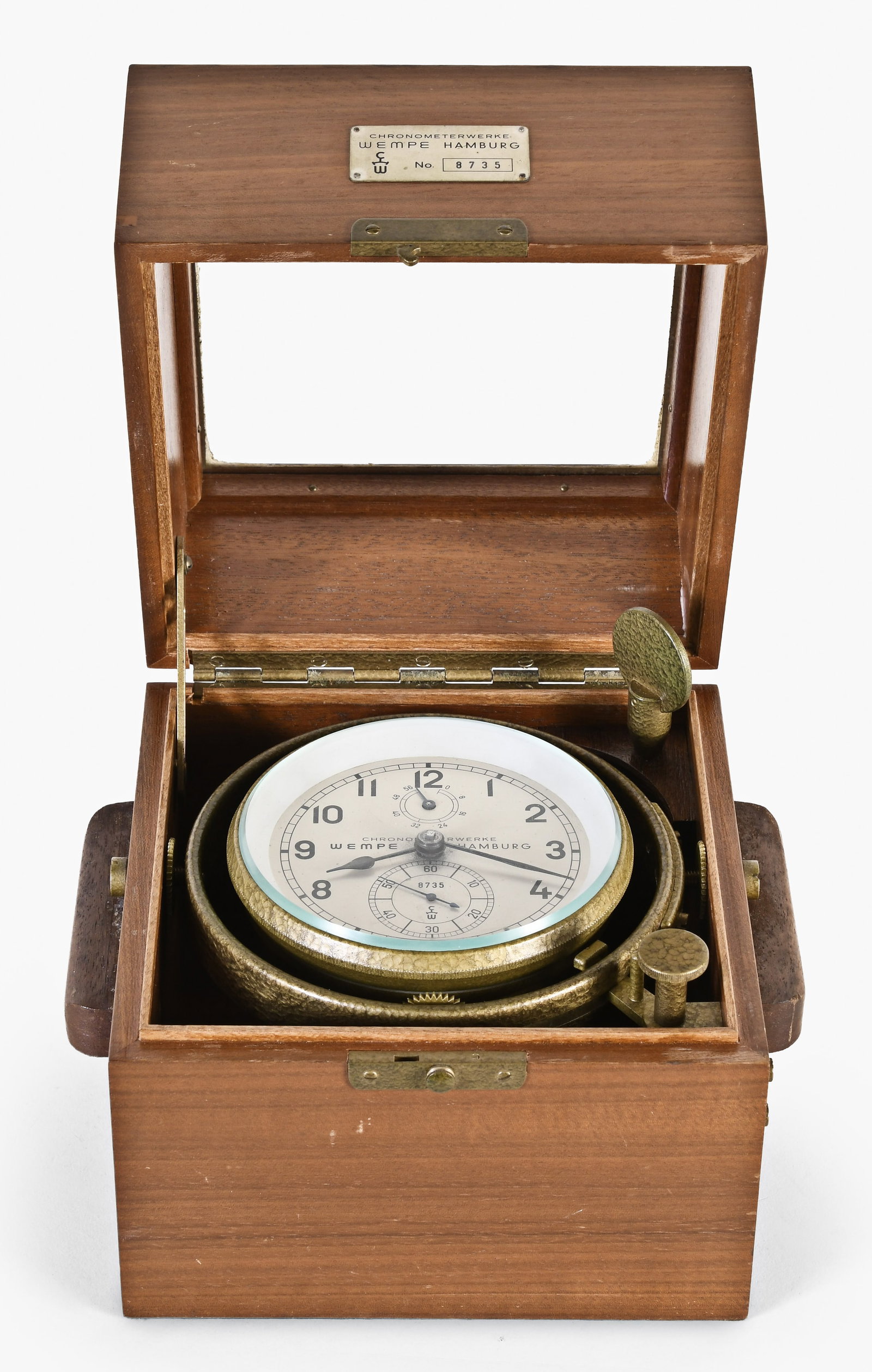 A 20th century boxed marine chronometer by Wempe: Wempe, Hamburg, a 20th century boxed marine chronometer, two day, 15 jewel nickel movement with Earnshaw's spring detent escapement, bimetallic Guillaume balance, and Harrison's maintaining power, ara