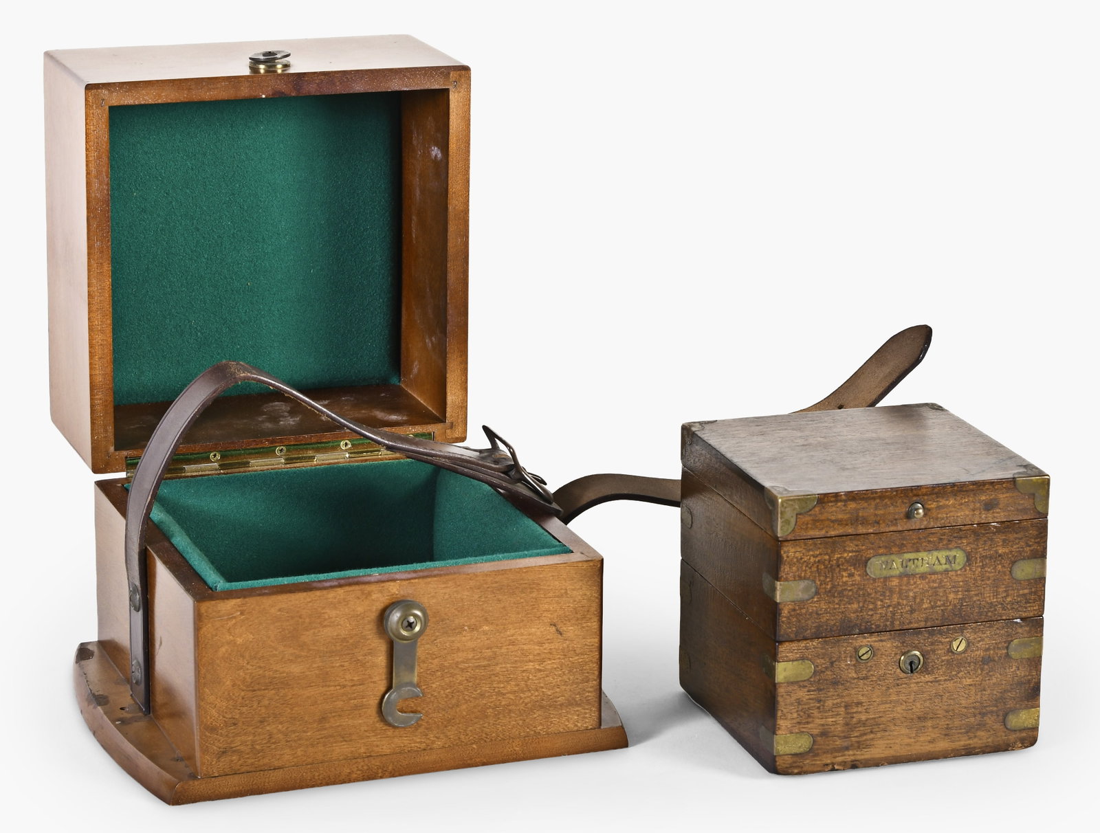 An early 20th century Waltham deck watch with boxes: American Waltham Watch Co., Waltham, Mass., an eight day mounted deck watch with wind indicator, 37 size, 15 jewels, stem wind and set, damascened nickel plate movement with cut bimetallic balance and