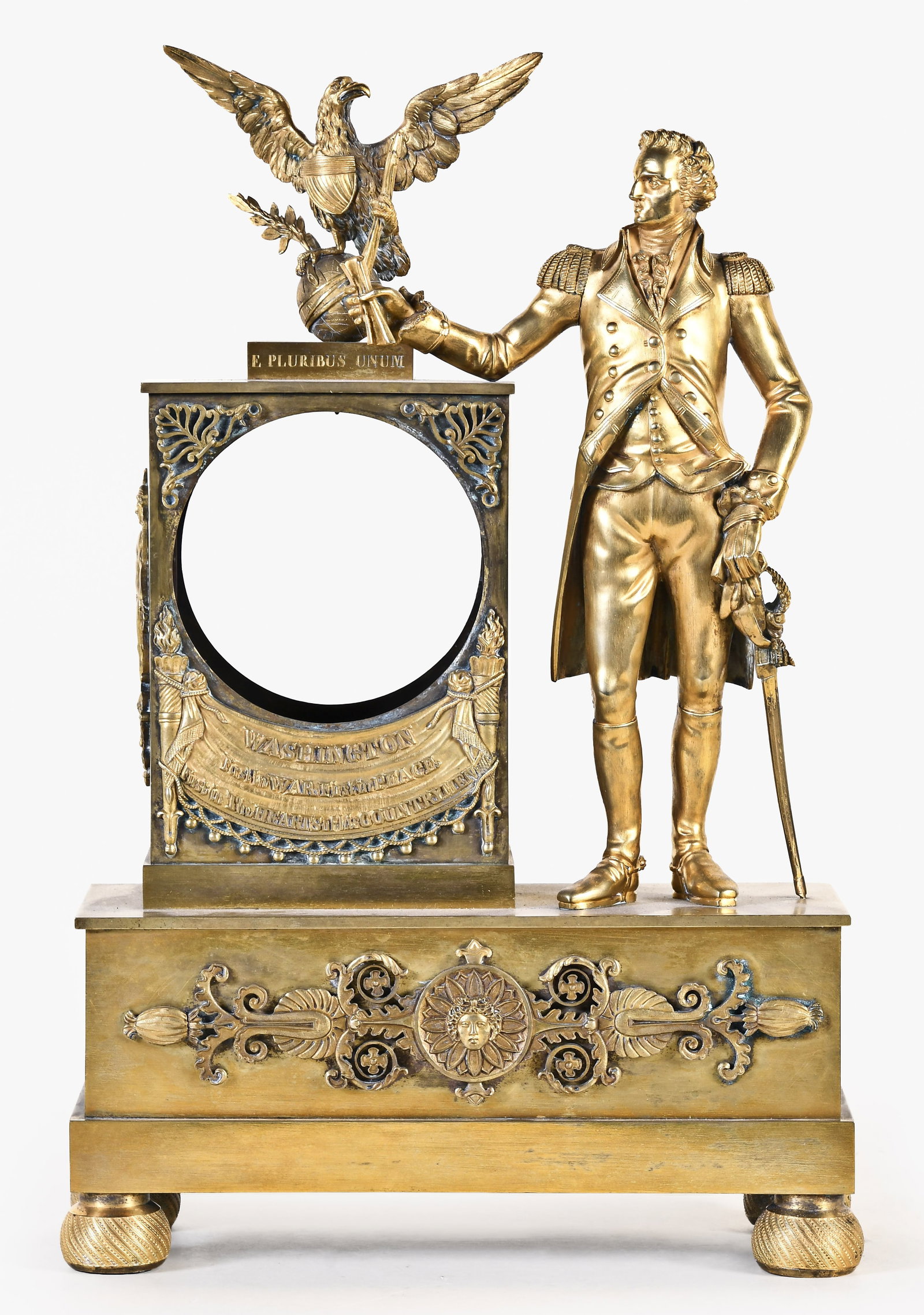 A good early 19th century mantel clock case featuring George Washington attributed to Dubuc (1 of 4)