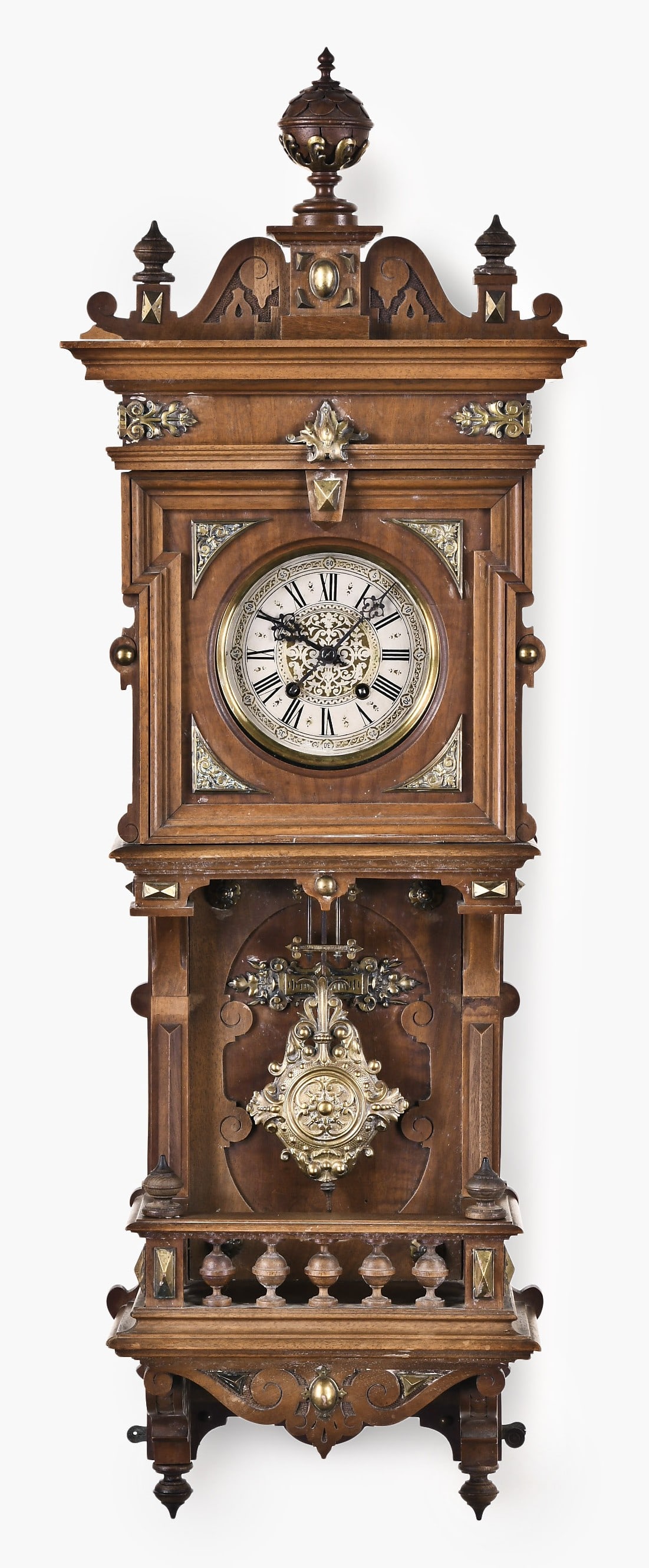 Lenzkirch "Model 620" late 19th century open well freischwinger: Lenzkirch, Germany, "Model 620," late nineteenth century open well Freischwinger, walnut case with shaped backboard and applied brass ornaments, bracket beneath the well topped with a gallery, the