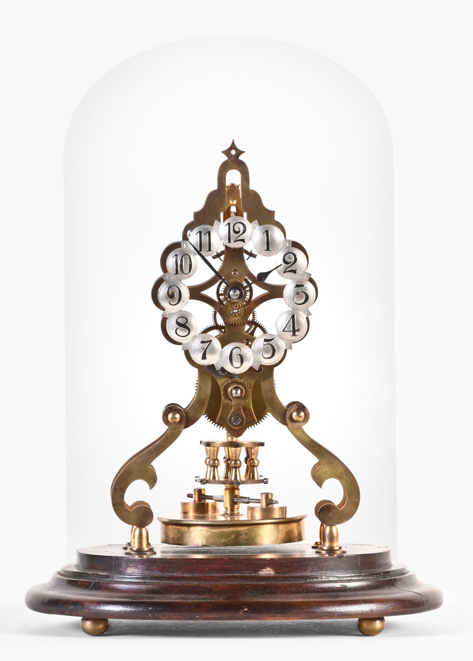 A Gustav Becker 400 Day skeleton timepiece: Gustav Becker, Germany, skeleton timepiece of 400 day duration, brass frame supporting movement under dome, serial #2135603