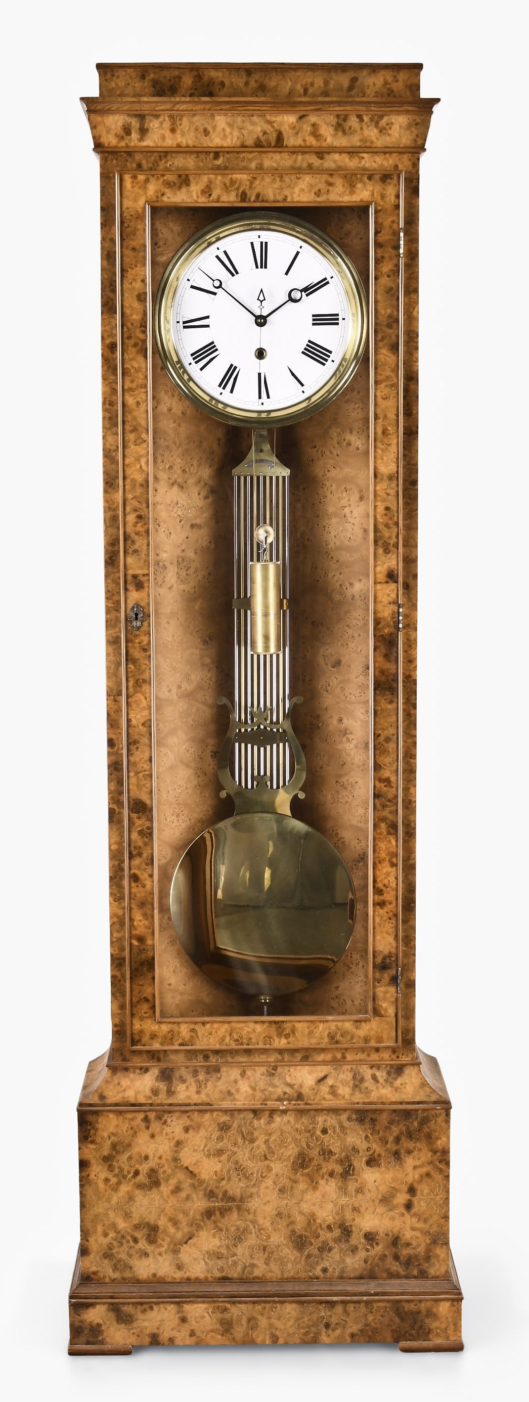 A Henry E. Frett modern standing jeweler's regulator in custom exotic burlwood veneered case: Henry E. Frett, modern standing jeweler's regulator in custom exotic burlwood veneered case, 11in enamel dial with blued steel moon hands and sweep seconds, 13in diameter gridiron pendulum bearing