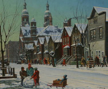 FRANK GAVENCKY Chicago Winter Street Scene: FRANK J. GAVENCKY (American 1888-1966) Sunday Winter Morning (View of Holy Cross - Immaculate Heart of Mary, South Wood St., Chicago) Oil on board 38 x 46 inches/96.5 x 116.8 centimeters Signed lower