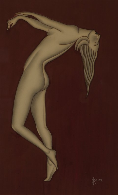 GUSTAVE KAITZ Two Art Deco Nude Portrait: GUSTAVE KAITZ (American 1913-1992) Two Works: Art Deco Nudes Tempera, ink and pencil on heavy illustration paper Sheet: 15.25 x 10 inches/38.7 x 25.4 centimeters Signed with monogram lower right and l