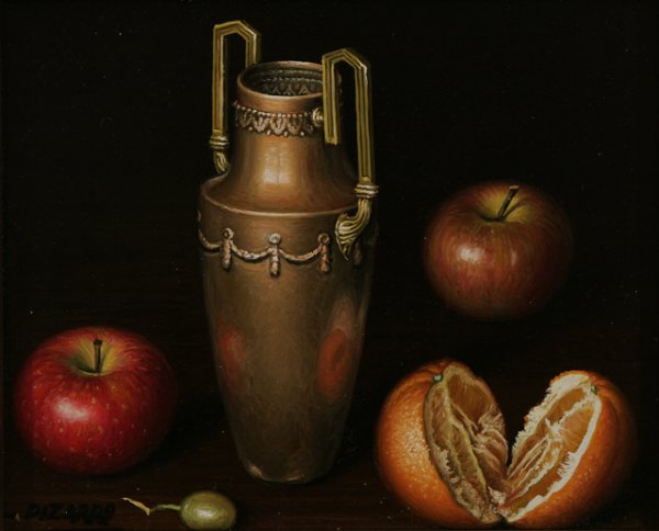 L. PIZARRO Four Still Life Oil Paintings: L. PIZARRO (Spanish, 20th Century) Four works: Apples, Grapes and Basket; Apples and Strawberries; Apples, Orange and Vase; Orange, Pears, Cherries and Porcelain Ewer Each an oil on masonite 5 x 6 inc
