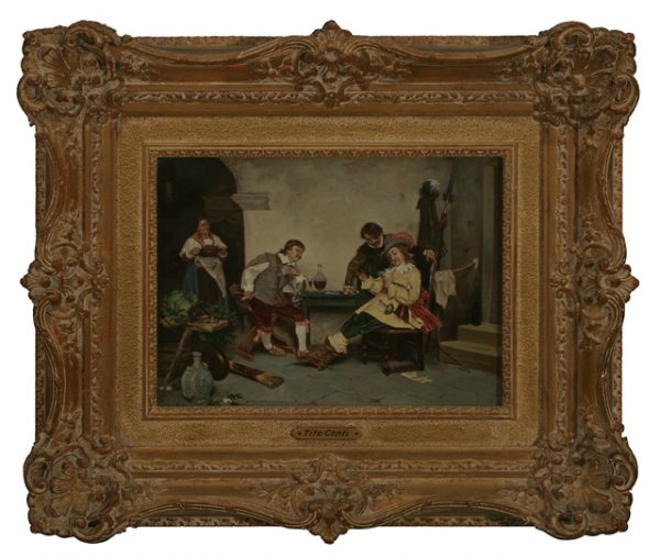 TITO CONTI Card Players Painting 19th C. - 2