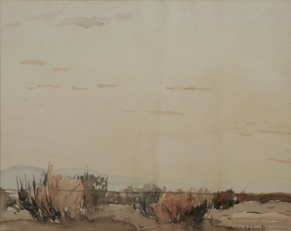 MILLARD SHEETS Desert Light 1929 Watercolor: MILLARD SHEETS (American 1907-1989) Desert Light, circa 1929 Watercolor on paper Sight: 9.4 x 11.9 inches/23.9 x 30.2 centimeters Sheet: 9.50 x 12 inches/24.1 x 30.5 centimeters Signed in pencil lower