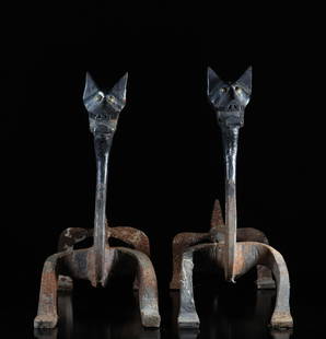 Edouard SCHENCK pair of andirons "dogs" in iron 20th: Edouard SCHENCK pair of andirons "dogs" in iron 20th Sizes: L570mm Weight (K): 25kg State: After checking - good condition - no restoration - no repair Author / artist: Edouard SCHENCK