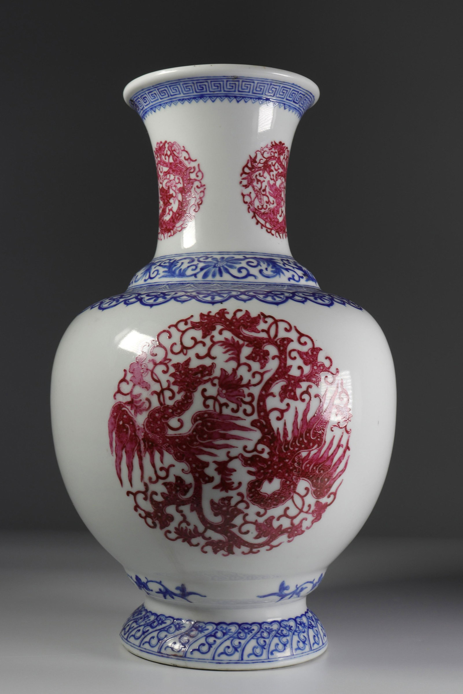 Porcelain vase decorated with dragon and phoenix,: Porcelain vase decorated with dragon and phoenix, Yongzheng China marks, 19-20 th. Sizes: H=330mm D=210mm Weight (K): 2.770kg State: After verification - holed - no restoration - no repair