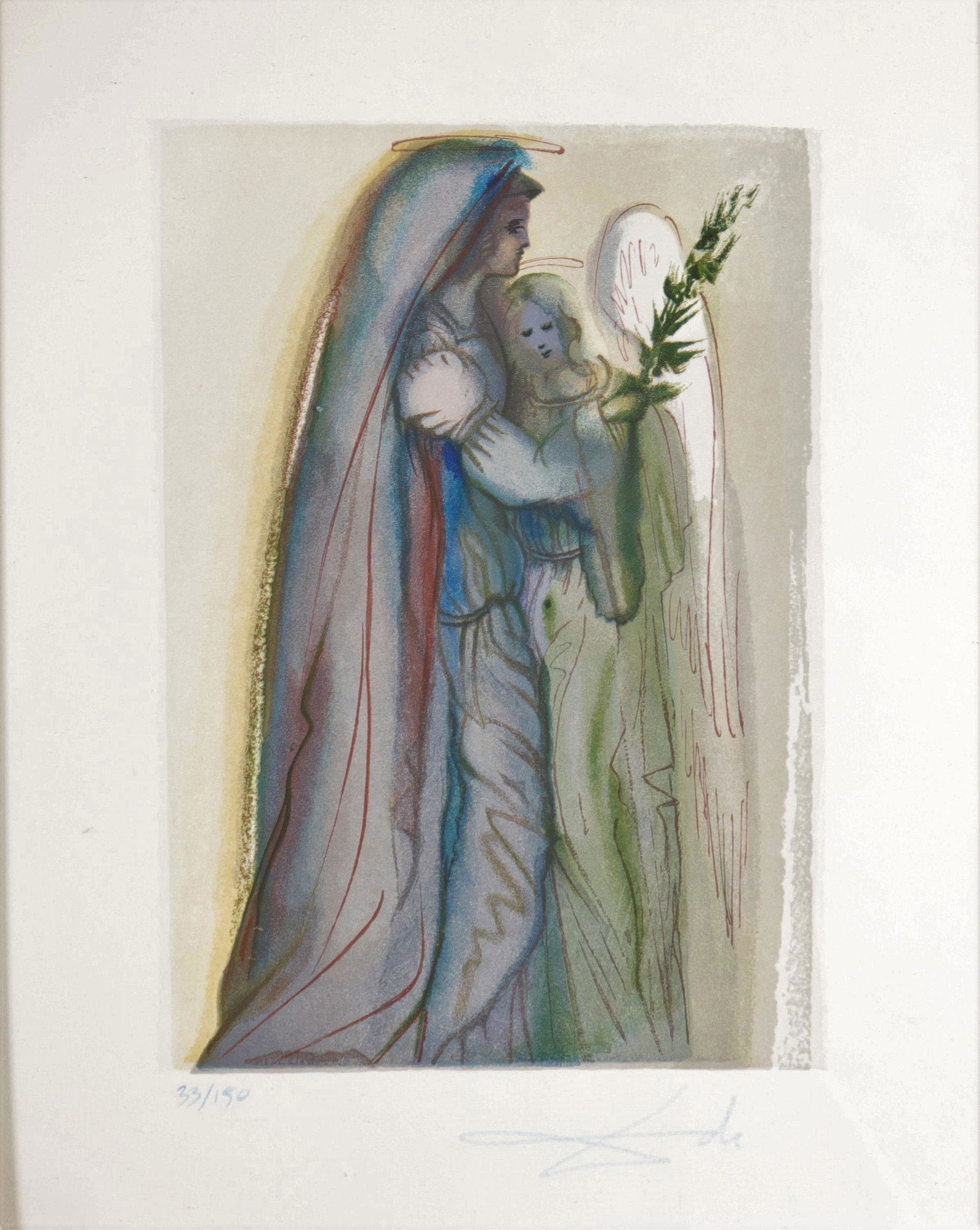 Salvador Dali. â€œPreparation of the final prayerâ€.: "Salvador Dali. â€œPreparation of the final prayer”. La Divine Comedie - Le paradis - Chant 32. 1963. Woodcut in color on Rives vellum. Signed "Dali" in blue pencil. Numbered 33/150 in blue 