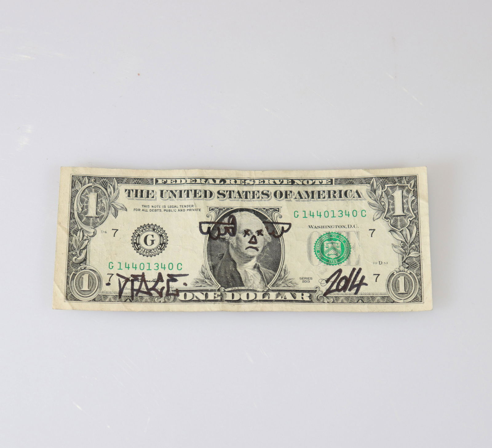 D * Face - One Dollar Bill, 2014 Black marker on U.S. (1 of 2)