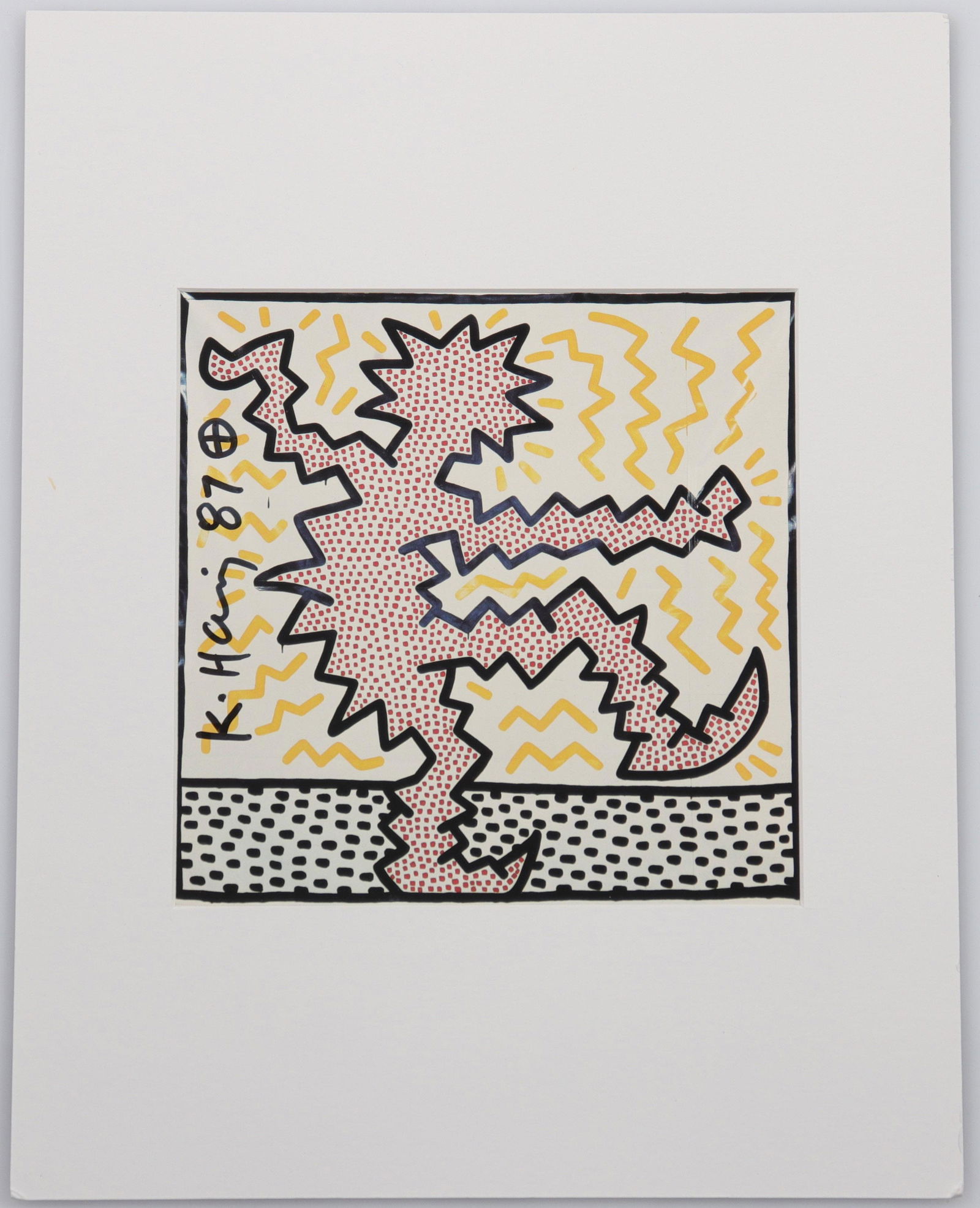 Keith Haring - Dancing Man, 1987 Hand signed and dated: Keith Haring - Dancing Man, 1987 Hand signed and dated by Keith Haring with a black marker on the front in an offset print. - Period: Xxth - Sizes: H 185 mm L 185 mm - Weight (K): 0,1kg - Condition: a