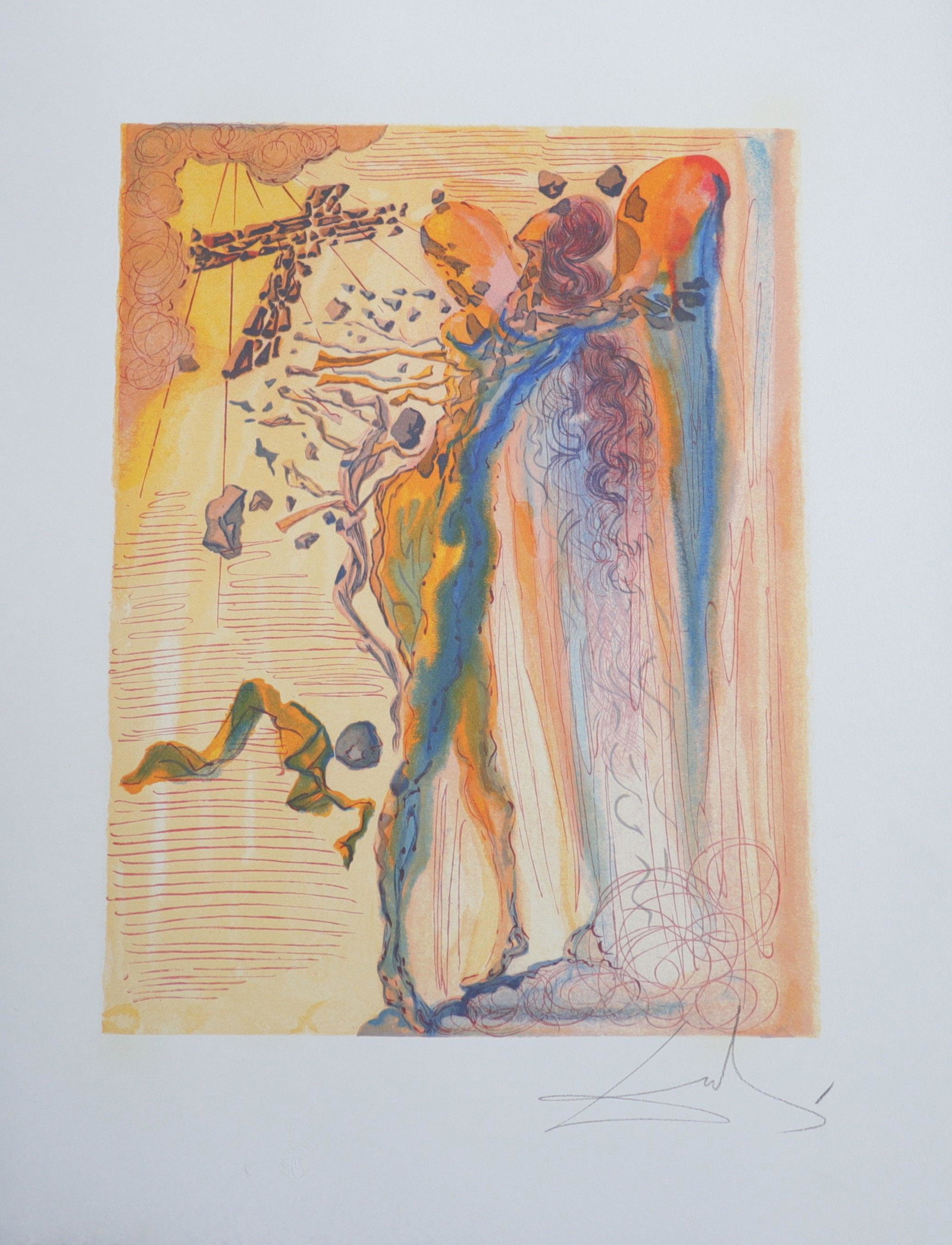Salvador Dali. "The apparition of Dante's: Salvador Dali. "The apparition of Dante's Great-Great-Grandfather". Lithograph on arches paper. Signed "Dali" in pencil lower right. Features the embossed â€œDali” stamp. - Sizes: H: 670 mm 