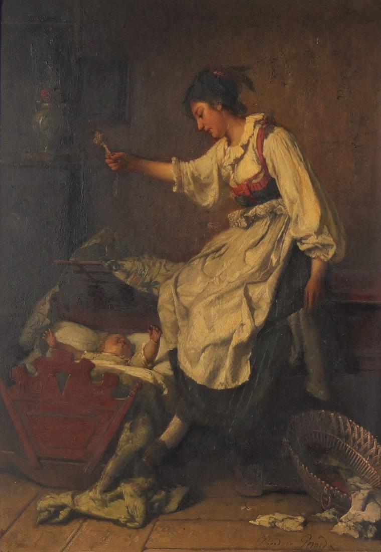 Theodore GERARD (1829-1895) Oil on wood "young woman and infant" (1 of 2)