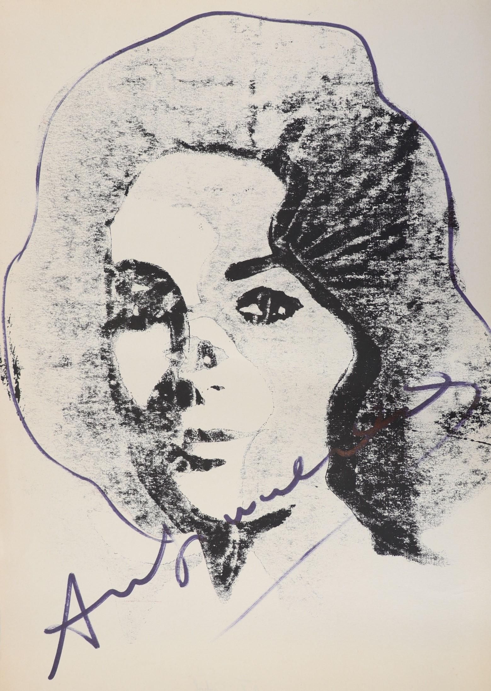Andy Warhol. â€œLiz Taylorâ€. Color offset on paper. Signed "Andy Warhol" in felt pen and felt: Andy Warhol. â€œLiz Taylor”. Color offset on paper. Signed "Andy Warhol" in felt pen and felt outline on the hair. - Weight: 15 g - Region: Etats-Unis - Sizes: 445 mm x 325 mm - Author / art