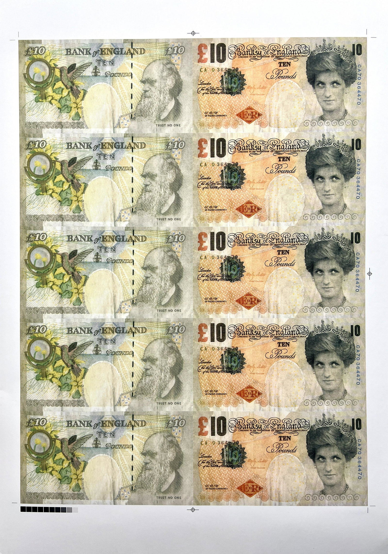 Banksy. Double-sided color printing test sheet on paper showing a 10-pound banknote with the effigy: Banksy. Double-sided color printing test sheet on paper showing a 10-pound banknote with the effigy of Lady Diana. Untrimmed page. Banksy printed Di-faced for 1 million and then suitcases filled with 