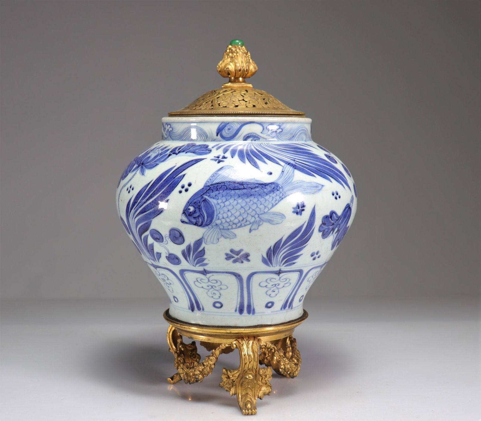 Blue white perfume burner, gilded bronze frame, fish decor, XVII/XVIIIth (1 of 6)