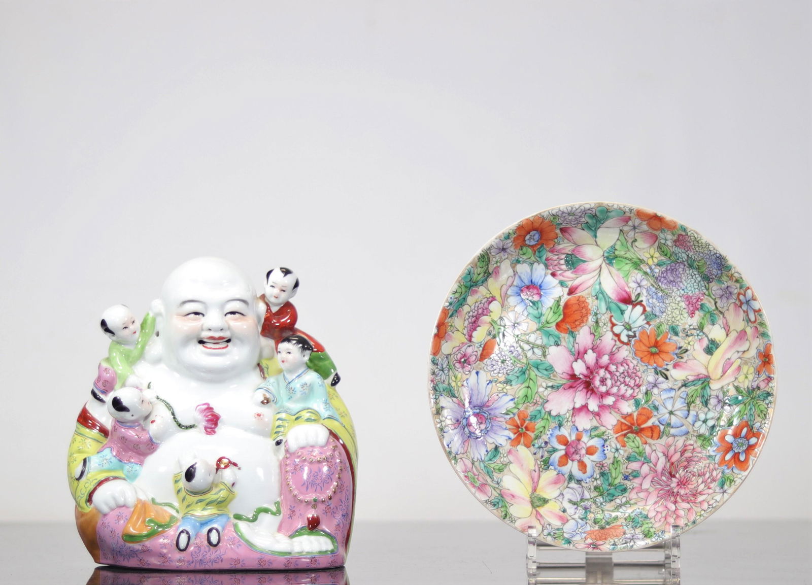 Buddha and millefleur famille rose plate (1 of 2)