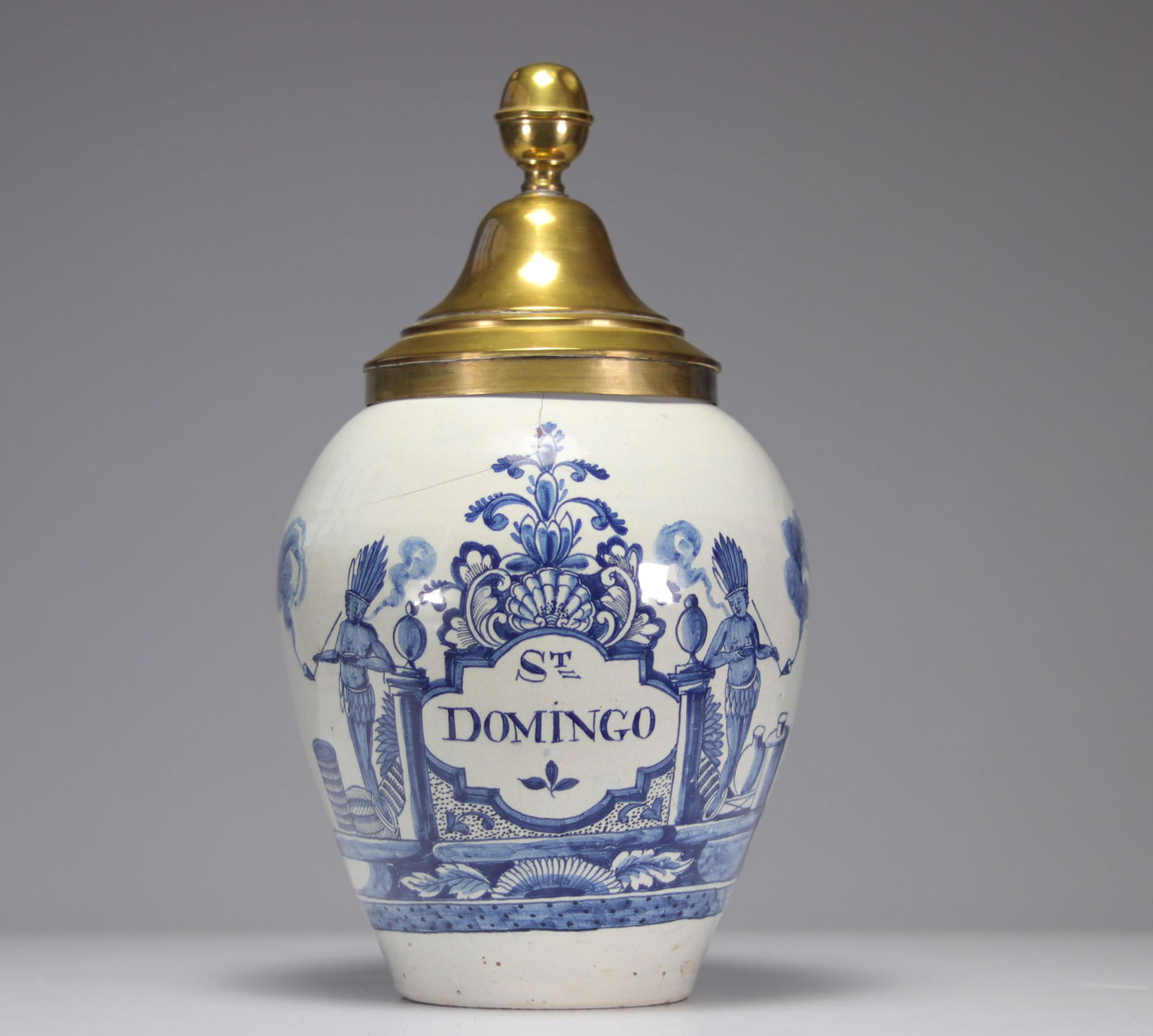 Large tobacco jar, Delft circa 1750 - Native American decor - St.Domingo mark P:C: on the base (1 of 6)