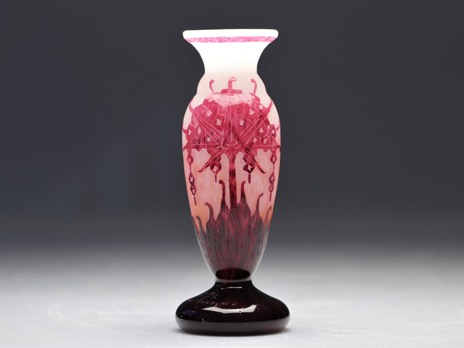 Le Verre Francais acid-etched vase decorated with pink rhododendrons on a white background (1 of 3)