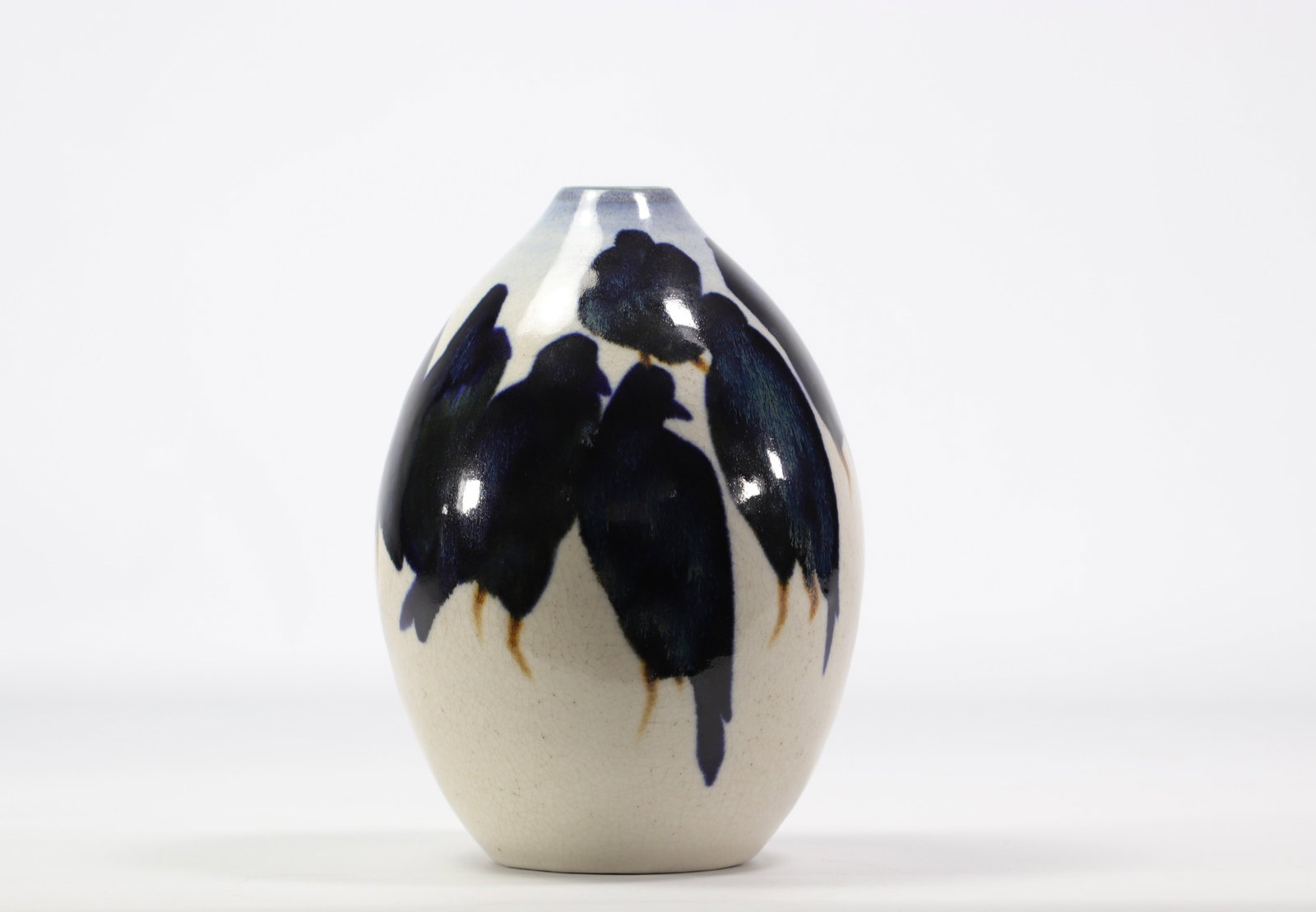 Charles CATTEAU (1880-1966) Rare vase with polychrome decoration of stylized crows Keramis stoneware (1 of 8)