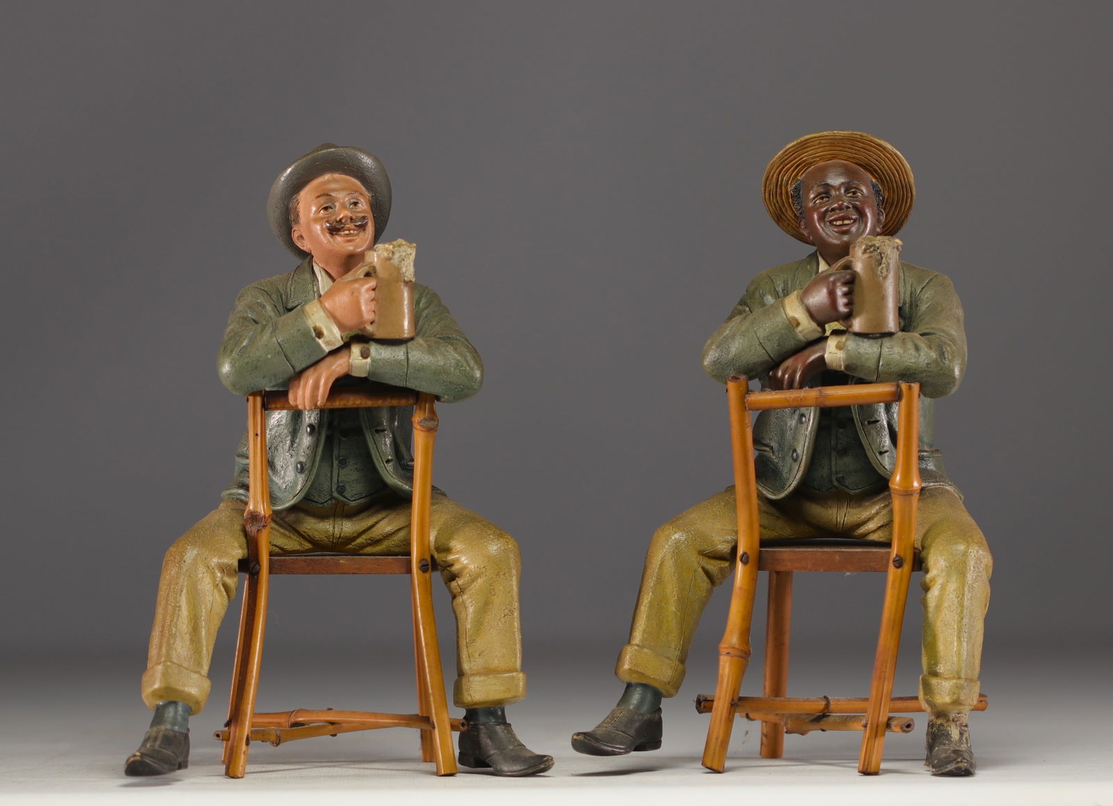 Bernard BLOCH (1836-1909) - "The beer drinkers" Pair of polychrome terracottas. (1 of 5)