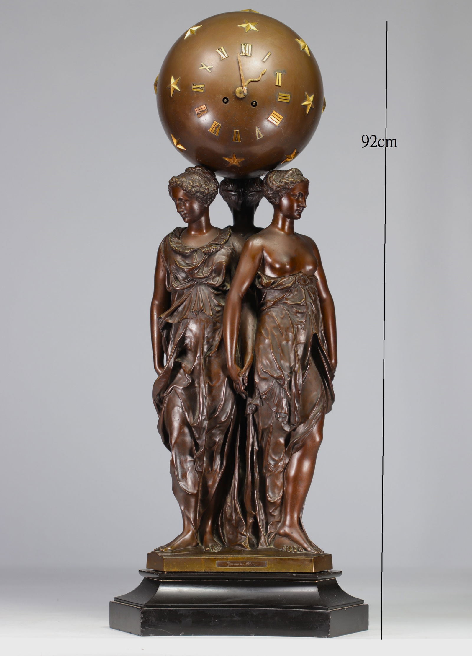 Germain PILON (after) "Trois Graces supportant le Globe" Imposing bronze clock, 19th century.: Imposing brown patina bronze (92cm), representing the Three Graces supporting the Celestial Globe acting as a pendulum (movement contained in the globe), after a marble sculpture by Germain Pilon (152