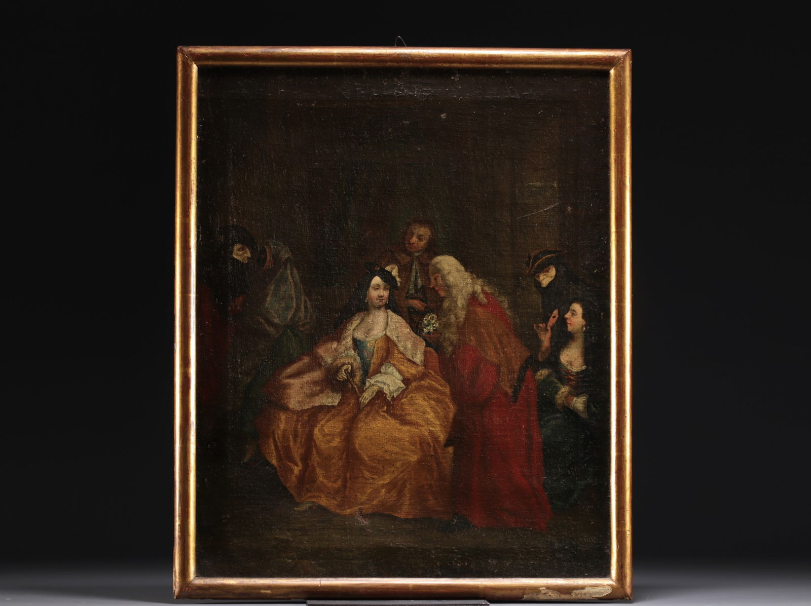 "Reunion with masked figures" in the style of Pietro LONGHI, oil on canvas, 18th century Italian: "Reunion with masked figures" in the style of Pietro LONGHI, oil on canvas, 18th century Italian school. - Weight: 770 g - Shipping available - Region: Italie - Sizes: H 490MM X L 410MM AVEC CADRE - A