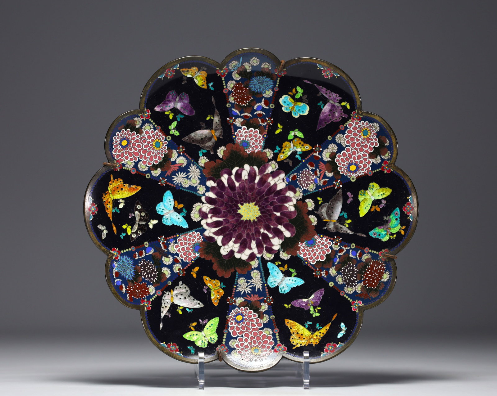 Japan - Cloisonne enamel dish decorated with flowers and butterflies on a black background, Meiji. (1 of 2)