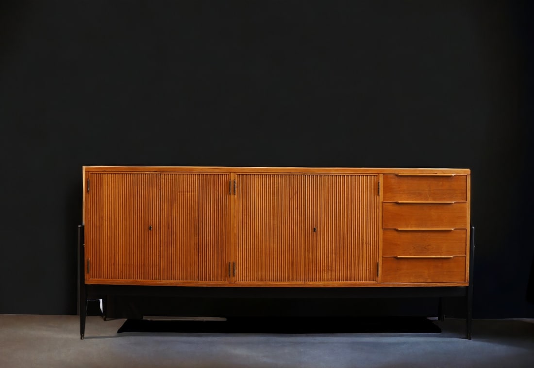 Alfred HENDRICKX (1931-2019) for Belform - Sideboard with four doors and four drawers, circa 1956.: Alfred HENDRICKX (1931-2019) for Belform - Sideboard with four doors and four drawers, black lacquered beech uprights, circa 1956. - Weight: 30.00 kg - Shipping unavailable - Region: Belgique - Sizes: