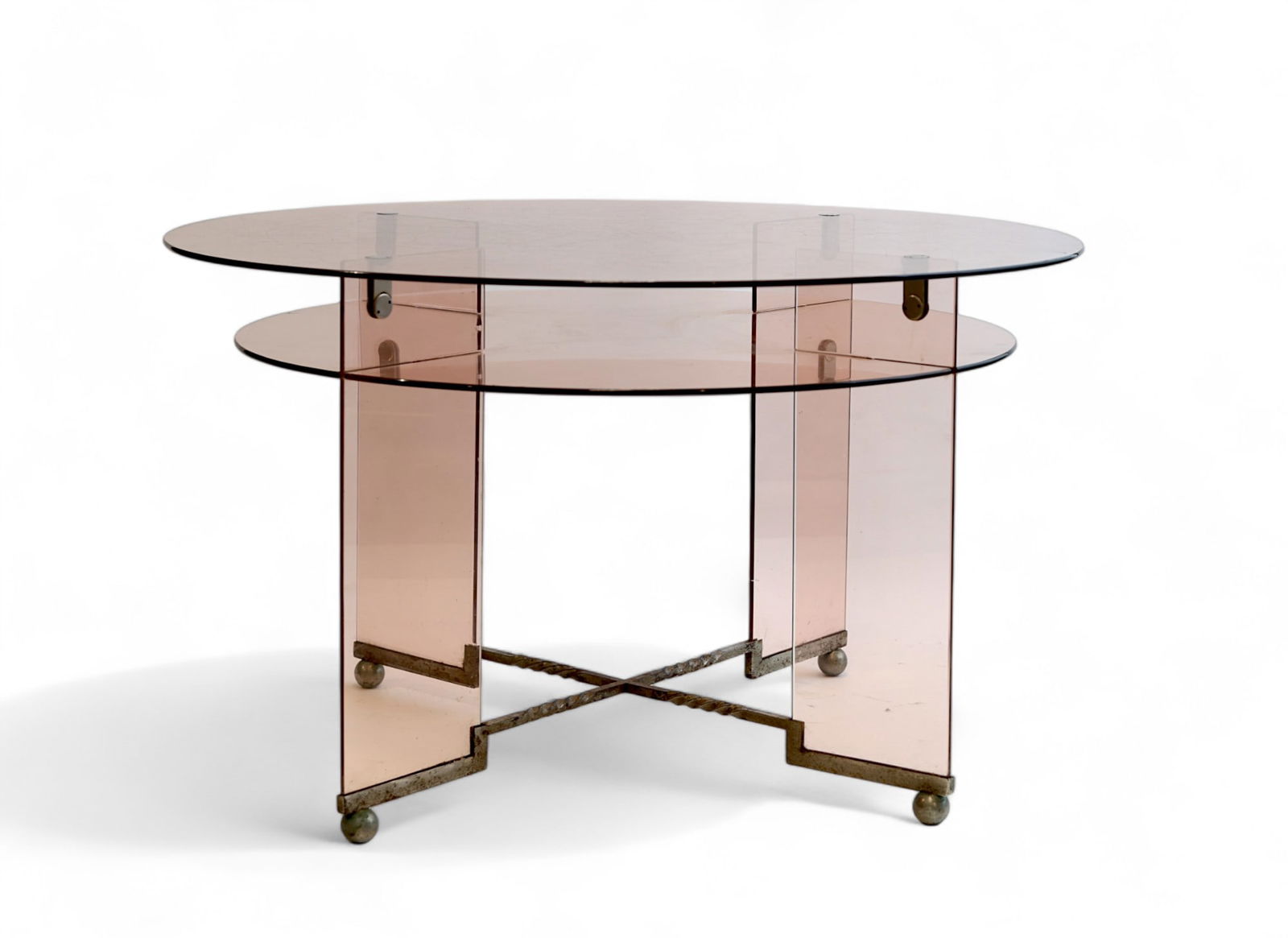 Rene Andre COULON (1908-1997) for Saint Gobin - Modernist table in pink satin-finish glass and (1 of 4)