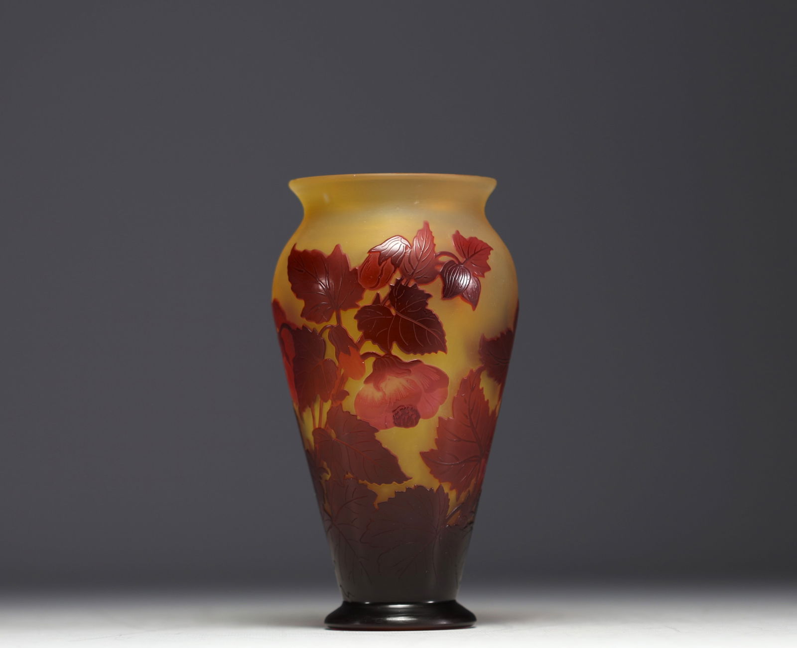 Emile GALLE (1846-1904) Acid-etched multi-layered glass vase with abutilon design, signed. (1 of 4)