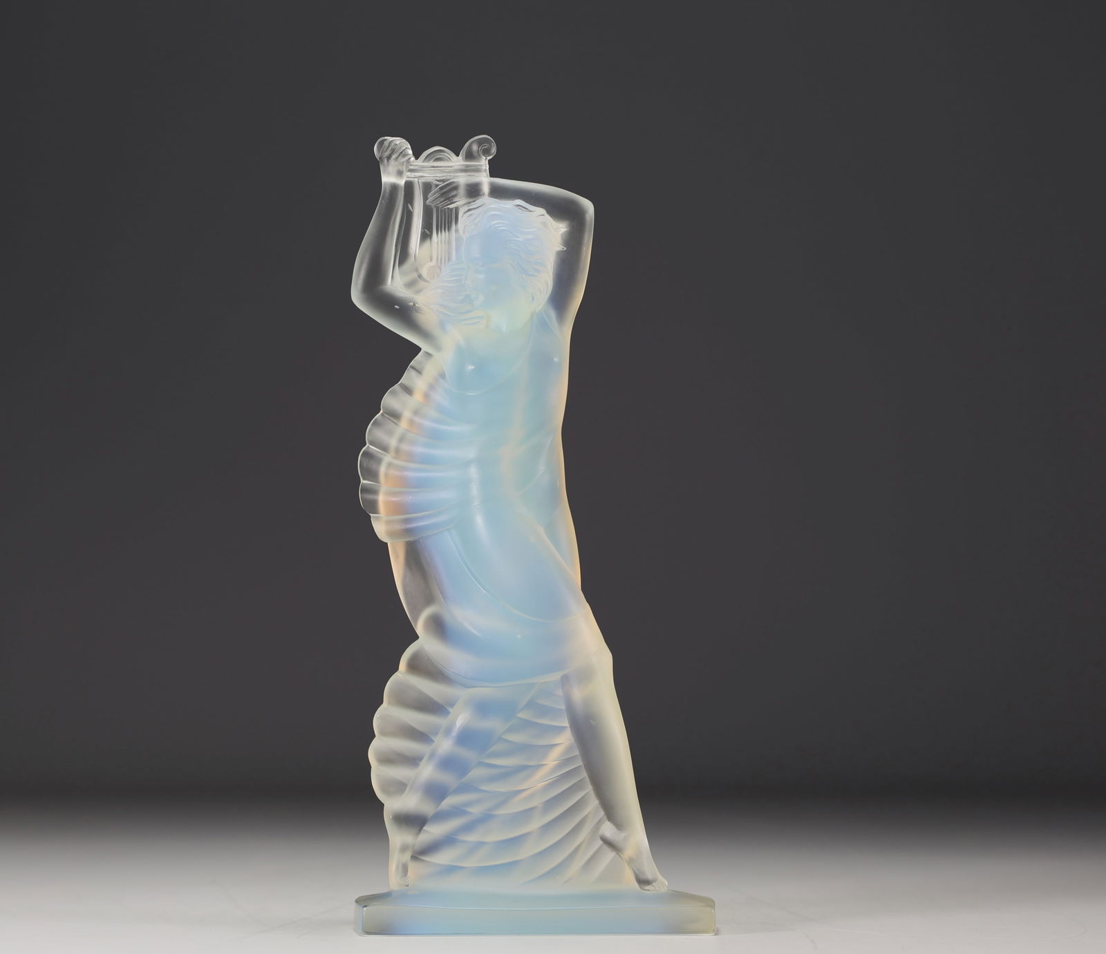 Edmond ETLING (1878-1940) "Joueuse de Lyre" Statue in moulded and pressed opalescent glass, signed. (1 of 5)