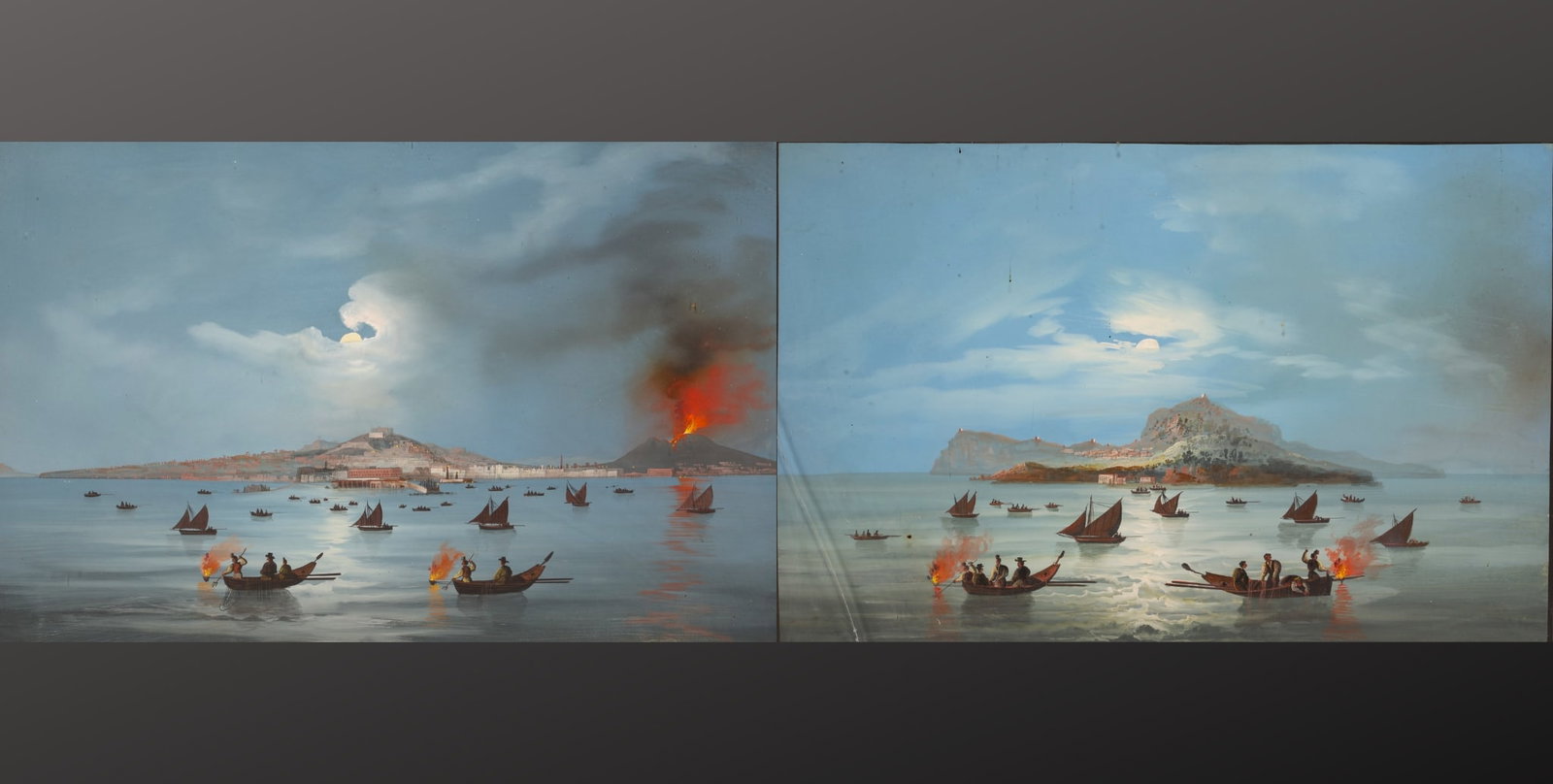 Neapolitan school - "Napoli da Marre" and "Capri di Notte" Pair of large gouaches on paper, 19th (1 of 5)