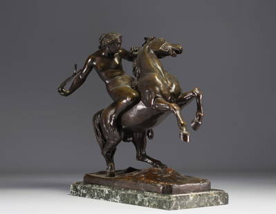 Jean Jacques FEUCHERE (1807-1852) "Amazone domptant un cheval" Sculpture in bronze with brown: Jean Jacques FEUCHERE (1807-1852) "Amazone domptant un cheval" Sculpture in bronze with brown patina, signed. Signed J Feuchere 1843 on the base. - Weight: 27.29 kg - Shipping unavailable - Region: Fr